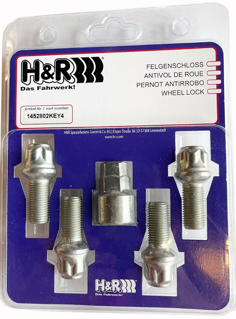 H&R Låsbultsats HR-1452802KEY4 M14x1,5 Sfärisk 14mm säte Silver, Längd 28mm Mercedes