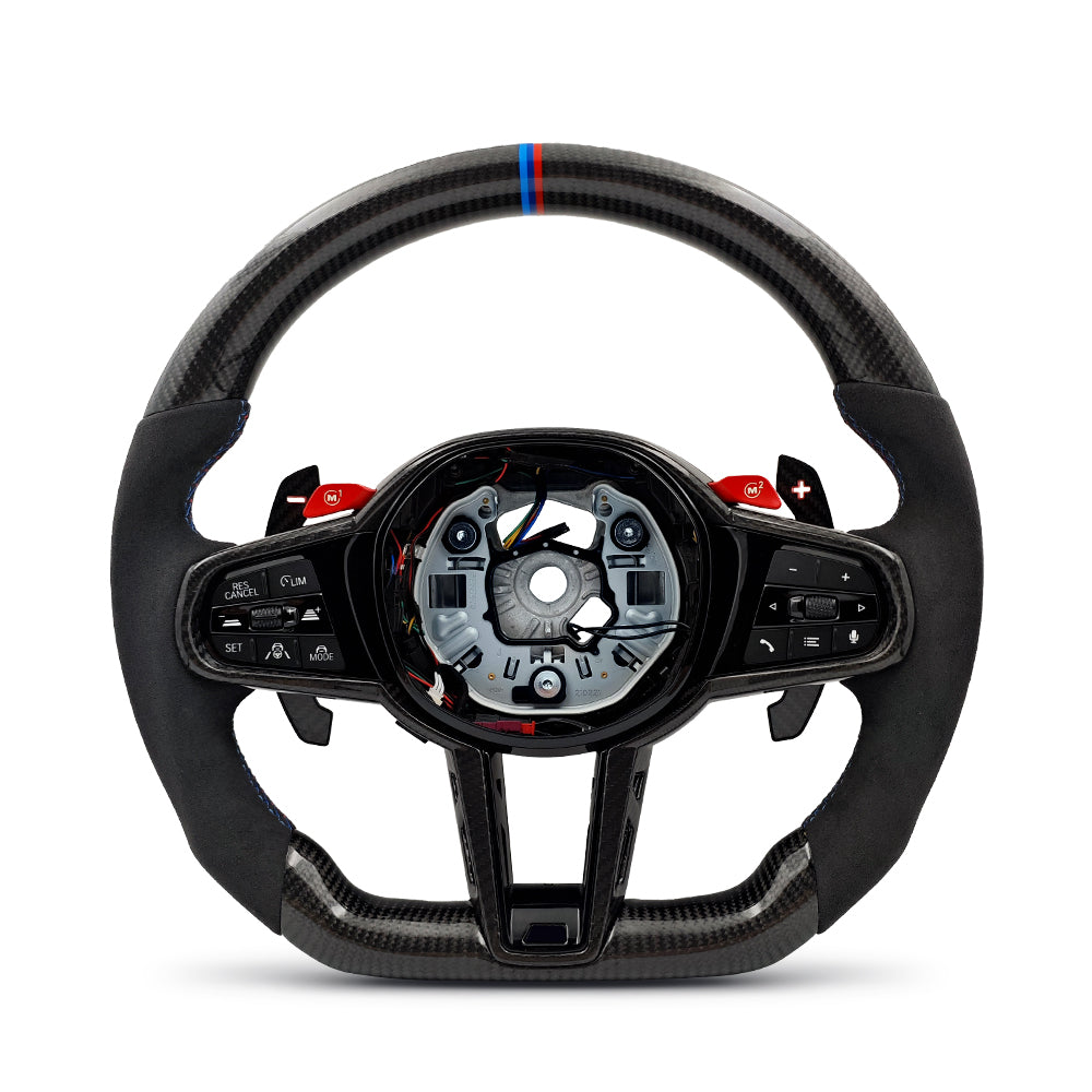 M-Sport Ratt i Läder & Kolfiber LCI med Röda M1/M2-Knappar – BMW G-Serie & F90/F97