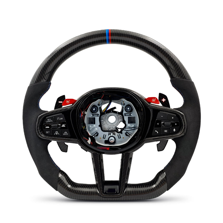 M-Sport Ratt i Läder & Kolfiber LCI med Röda M1/M2-Knappar – BMW G-Serie & F90/F97