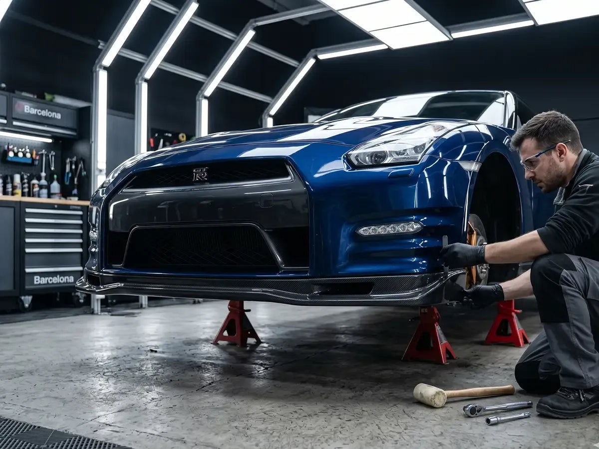 En bild på nissan gtr som får bilstyling installerad