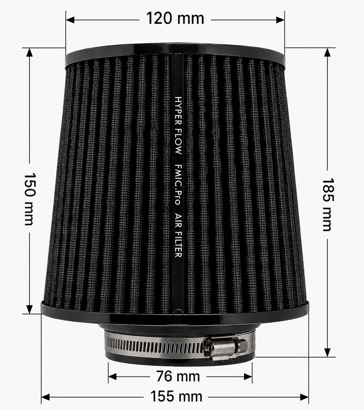 FMIC.Pro koniskt luftfilter 76 mm anslutning, längd 150 mm – svart
