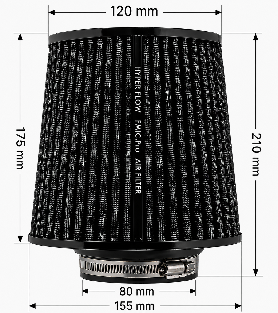 FMIC.Pro koniskt luftfilter 80 mm anslutning, längd 175 mm – svart